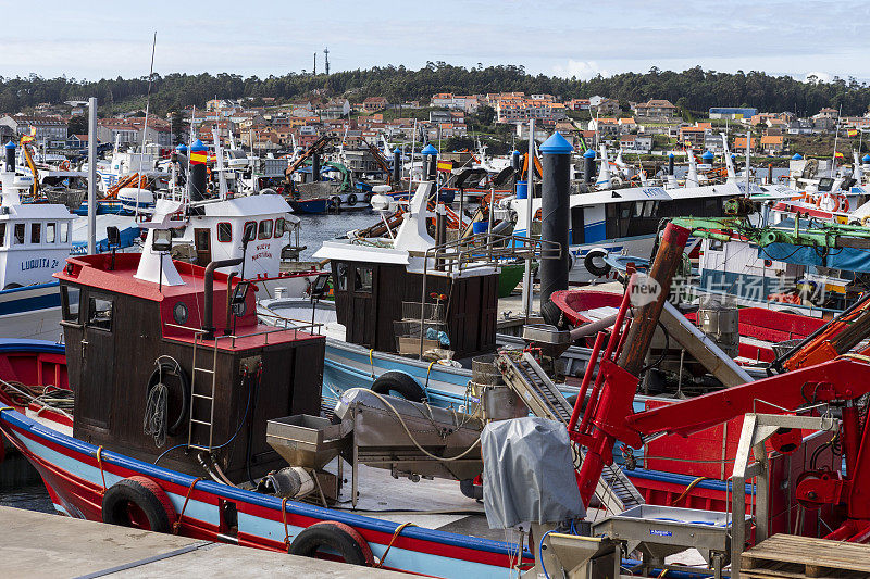 采集贻贝的船只停靠在西班牙加利西亚地区的xafre Isla de Arousa Rias Baixas港